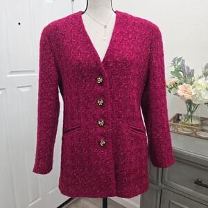 Women's Wool Tweed Jacket Magenta Blazer Sz 42 Old Money Winter Elegant Preppy